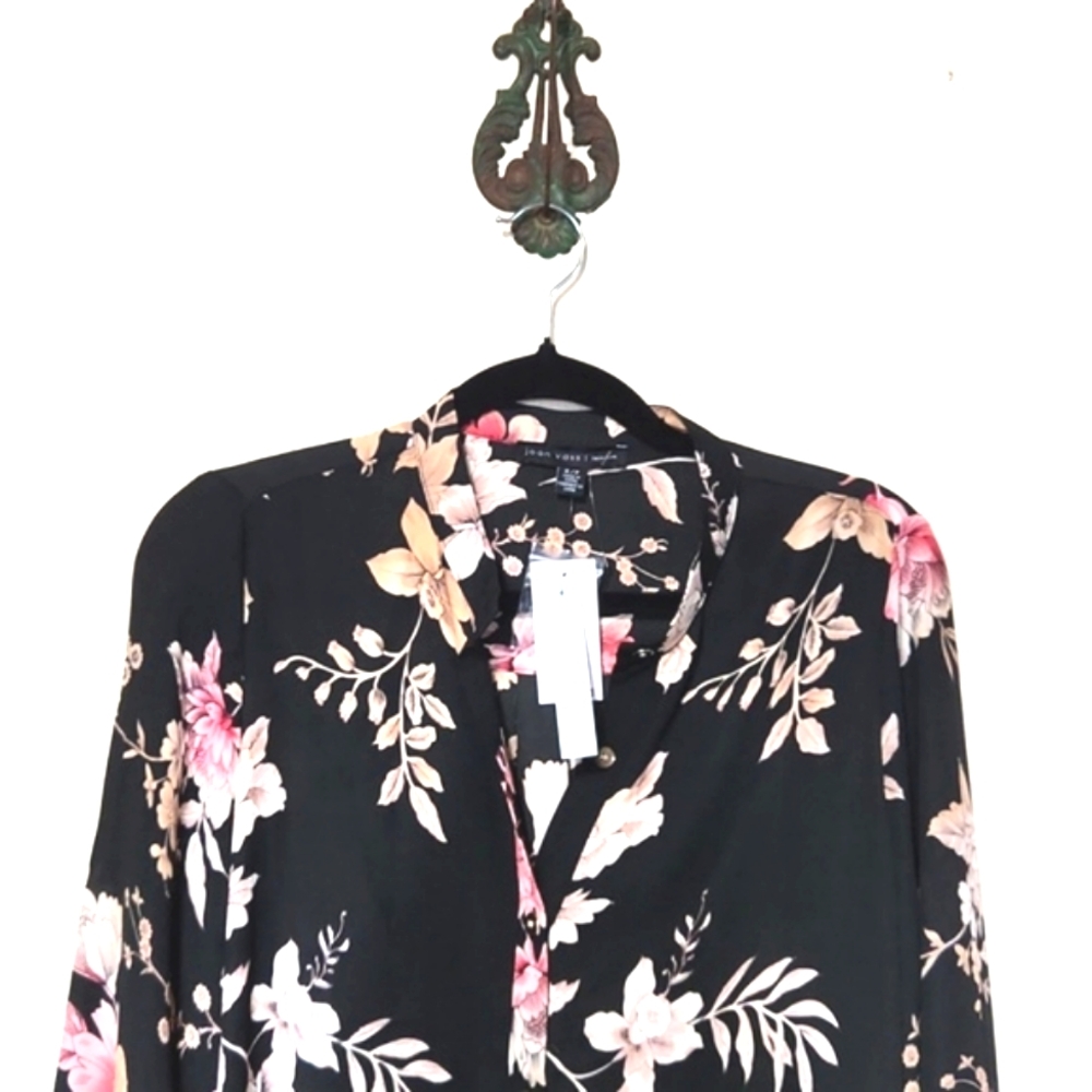 NWT Joan Vass Black Floral Mandarin Collar High Low Style Top Size S - Picture 2 of 11